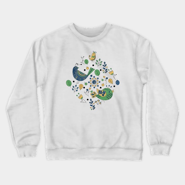 Scandinavian Folklore Blue and Green Birds Crewneck Sweatshirt by LotusArtStudio